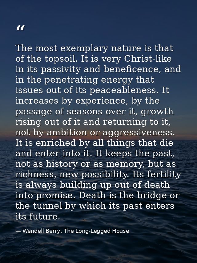 The most exemplary nature is that of the topsoil. It is very Christ-like in its passivity and beneficence, and in the pe — Wendell Berry, The Long-Legged House