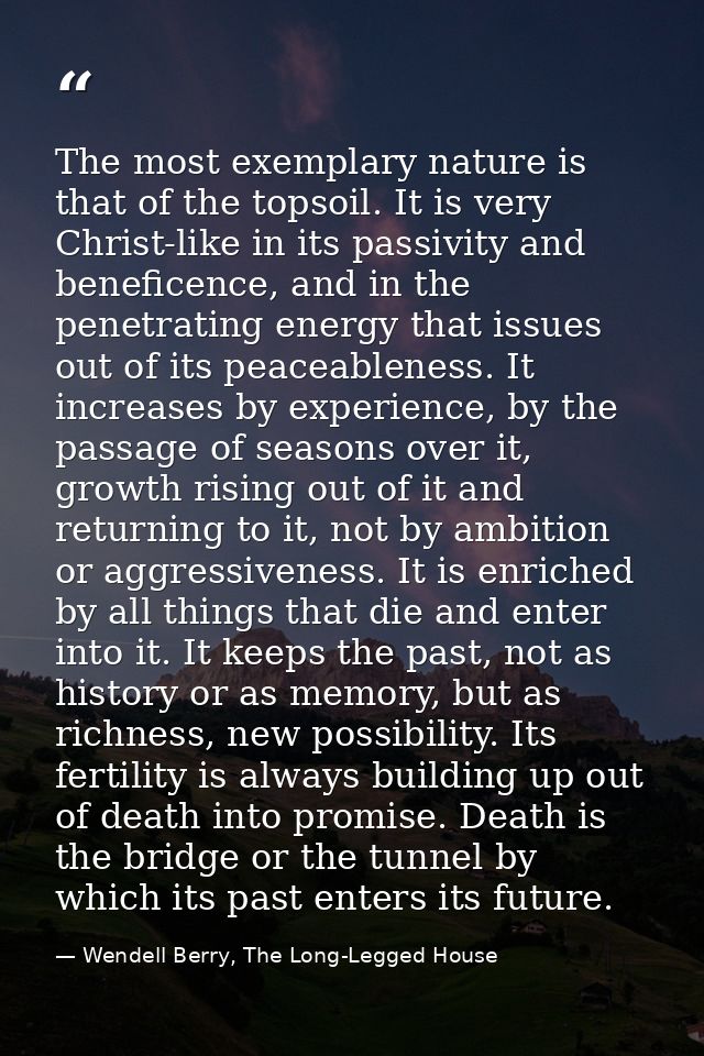The most exemplary nature is that of the topsoil. It is very Christ-like in its passivity and beneficence, and in the pe — Wendell Berry, The Long-Legged House