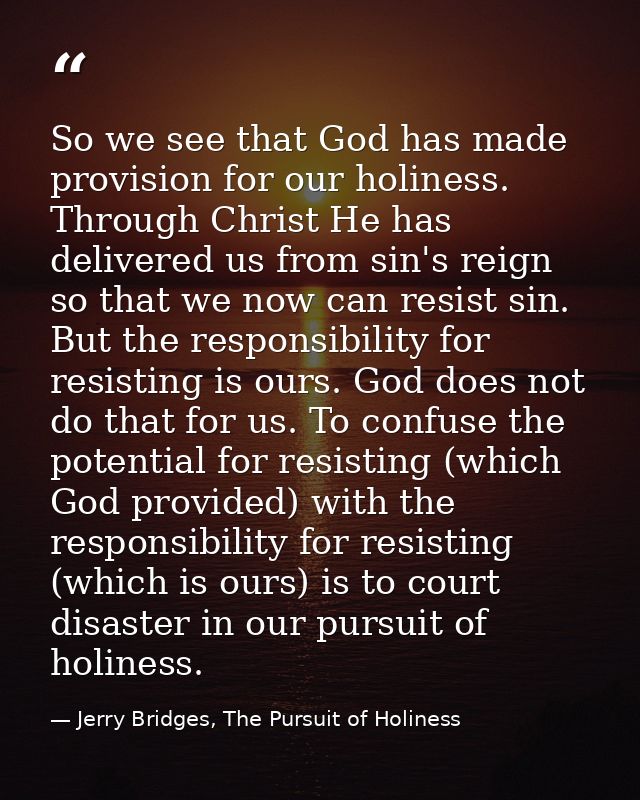 So we see that God has made provision for our holiness. Through Christ He has delivered us from sin's reign so that we n — Jerry Bridges, The Pursuit of Holiness
