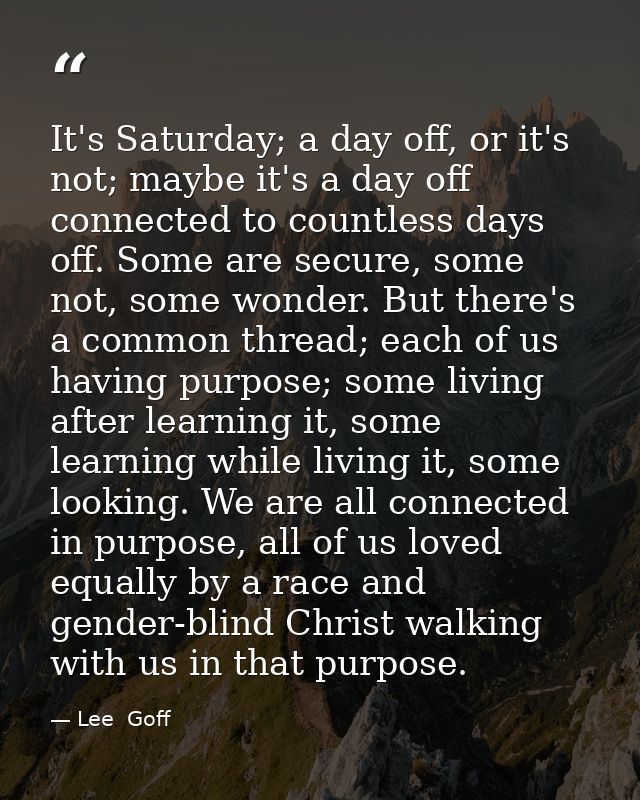 It's Saturday; a day off, or it's not; maybe it's a day off connected to countless days off. Some are secure, some not,  — Lee  Goff