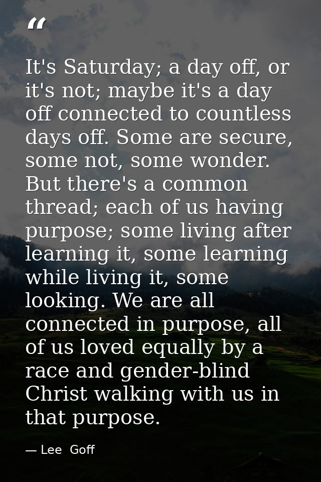 It's Saturday; a day off, or it's not; maybe it's a day off connected to countless days off. Some are secure, some not,  — Lee  Goff
