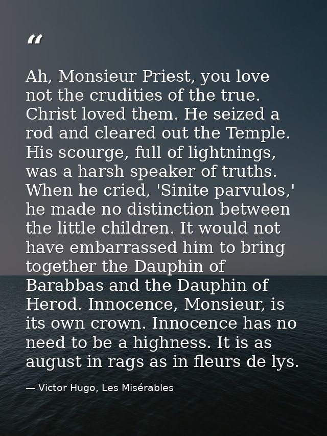 Ah, Monsieur Priest, you love not the crudities of the true. Christ loved them. He seized a rod and cleared out the Temp — Victor Hugo, Les Misérables