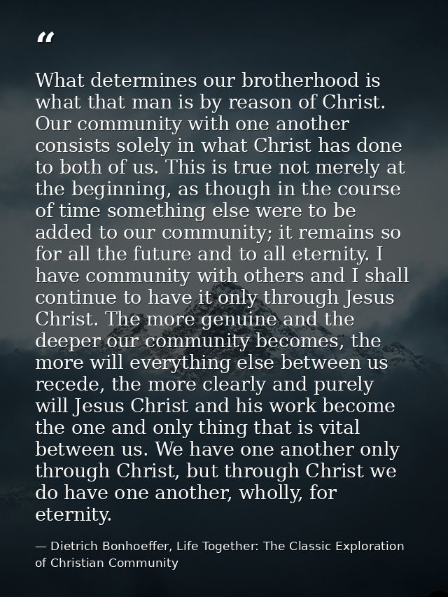 What determines our brotherhood is what that man is by reason of Christ. Our community with one another consists solely  — Dietrich Bonhoeffer, Life Together: The Classic Exploration of Christian Community