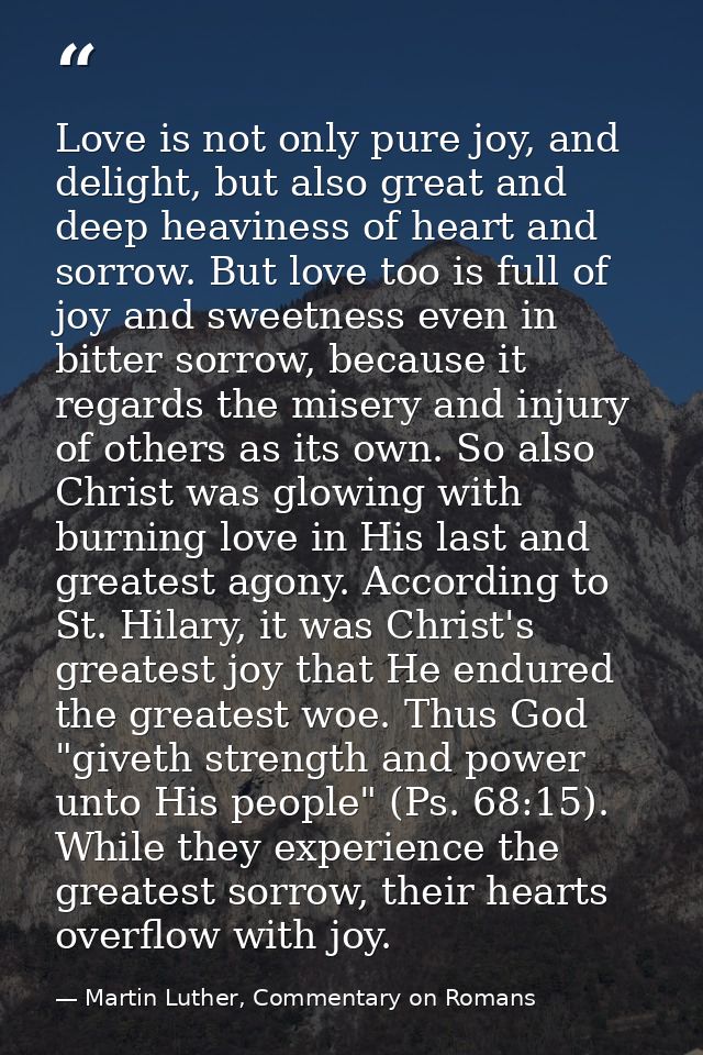 Love is not only pure joy, and delight, but also great and deep heaviness of heart and sorrow. But love too is full of j — Martin Luther, Commentary on Romans
