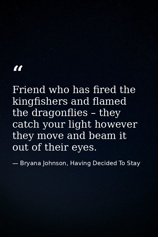 Friend who has fired the kingfishers and flamed the dragonflies – they catch your light however they move and beam it ou — Bryana Johnson, Having Decided To Stay
