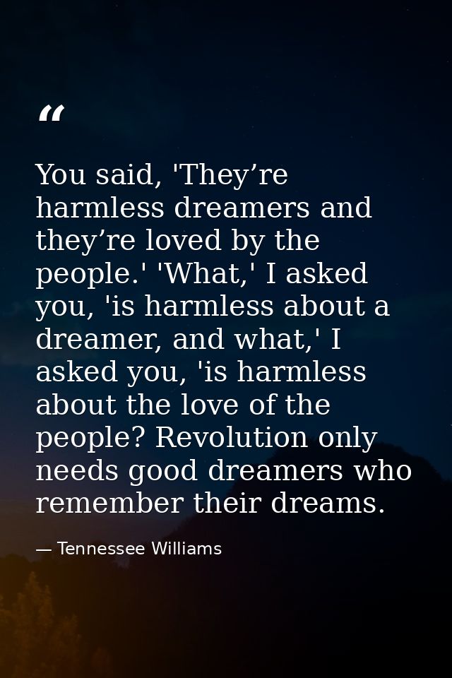 You said, 'They’re harmless dreamers and they’re loved by the people.' 'What,' I asked you, 'is harmless about a dreamer — Tennessee Williams