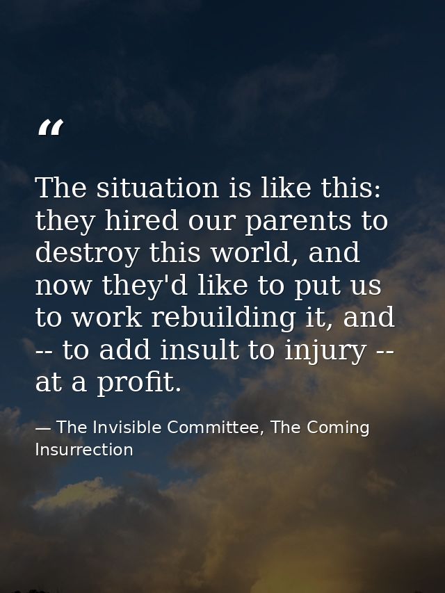 The situation is like this: they hired our parents to destroy this world, and now they'd like to put us to work rebuildi — The Invisible Committee, The Coming Insurrection