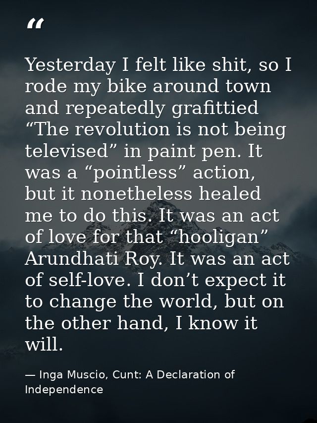 Yesterday I felt like shit, so I rode my bike around town and repeatedly grafittied “The revolution is not being televis — Inga Muscio, Cunt: A Declaration of Independence