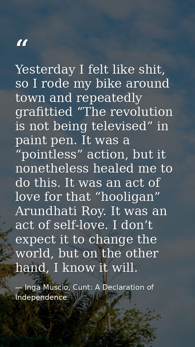 Yesterday I felt like shit, so I rode my bike around town and repeatedly grafittied “The revolution is not being televis — Inga Muscio, Cunt: A Declaration of Independence