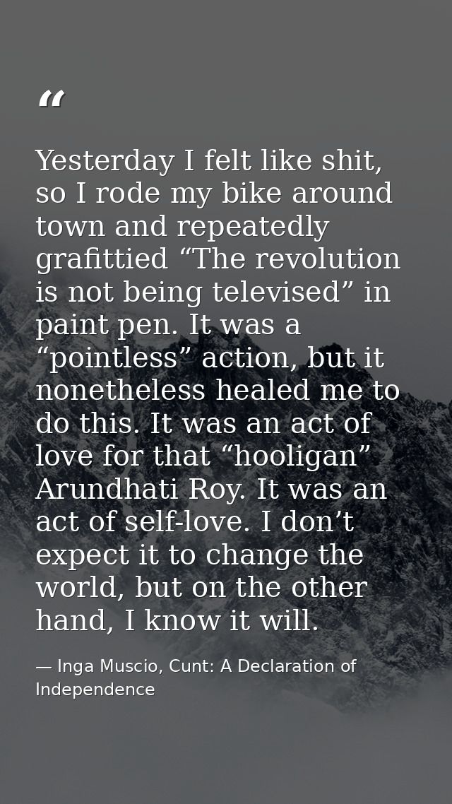 Yesterday I felt like shit, so I rode my bike around town and repeatedly grafittied “The revolution is not being televis — Inga Muscio, Cunt: A Declaration of Independence