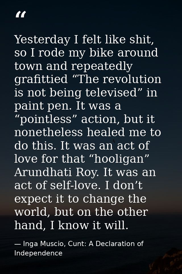 Yesterday I felt like shit, so I rode my bike around town and repeatedly grafittied “The revolution is not being televis — Inga Muscio, Cunt: A Declaration of Independence