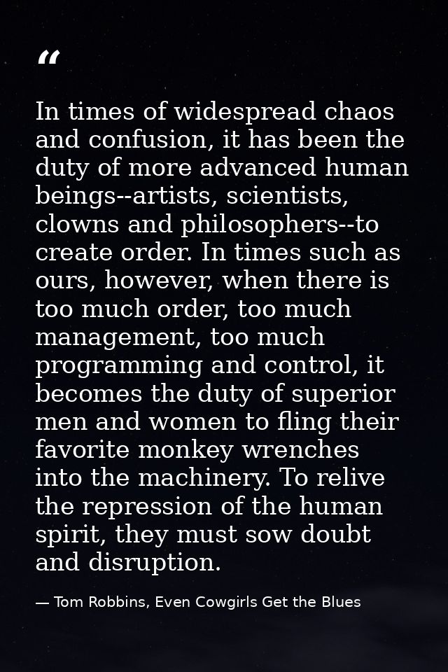 In times of widespread chaos and confusion, it has been the duty of more advanced human beings--artists, scientists, clo — Tom Robbins, Even Cowgirls Get the Blues