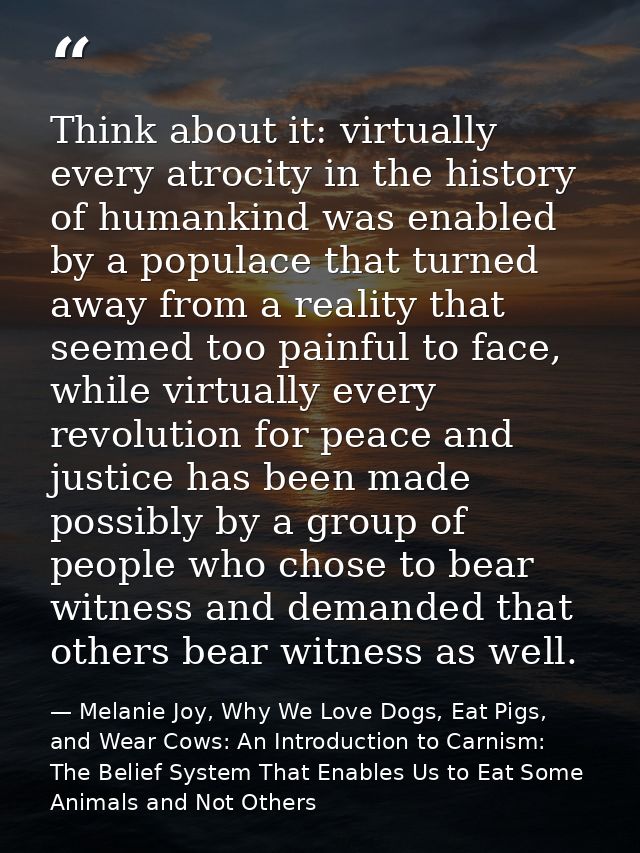 Think about it: virtually every atrocity in the history of humankind was enabled by a populace that turned away from a r — Melanie Joy, Why We Love Dogs, Eat Pigs, and Wear Cows: An Introduction to Carnism: The Belief System That Enables Us to Eat Some Animals and Not Others