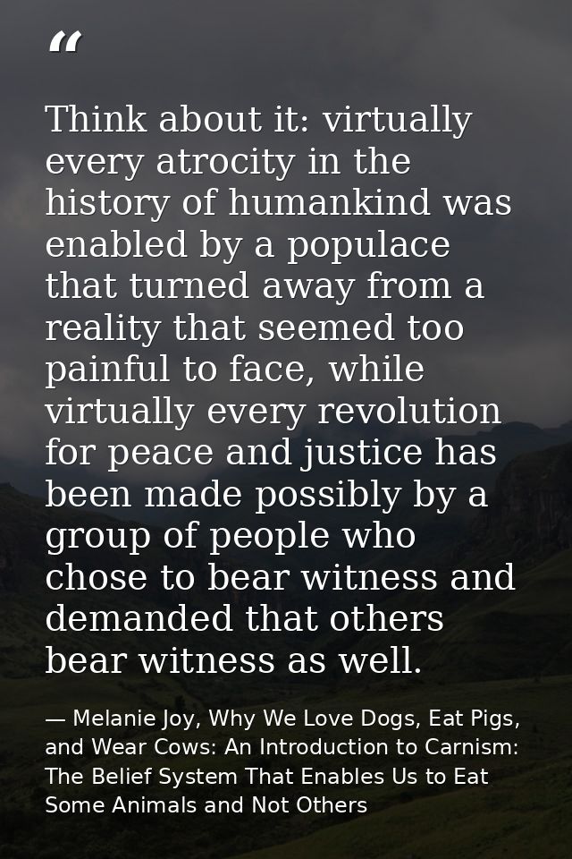Think about it: virtually every atrocity in the history of humankind was enabled by a populace that turned away from a r — Melanie Joy, Why We Love Dogs, Eat Pigs, and Wear Cows: An Introduction to Carnism: The Belief System That Enables Us to Eat Some Animals and Not Others