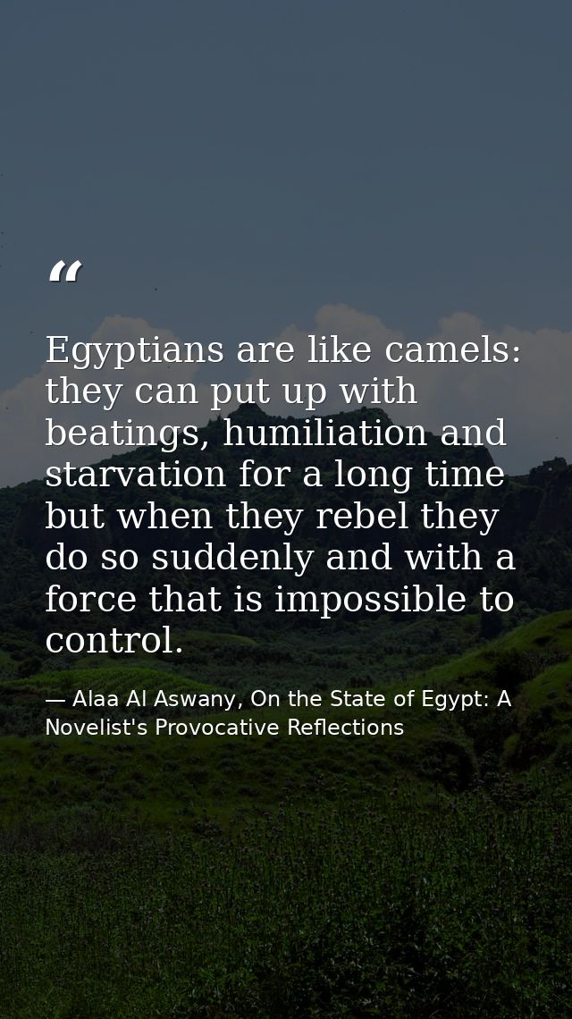 Egyptians are like camels: they can put up with beatings, humiliation and starvation for a long time but when they rebel — Alaa Al Aswany, On the State of Egypt: A Novelist's Provocative Reflections