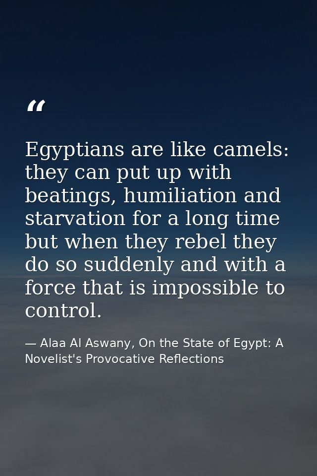 Egyptians are like camels: they can put up with beatings, humiliation and starvation for a long time but when they rebel — Alaa Al Aswany, On the State of Egypt: A Novelist's Provocative Reflections