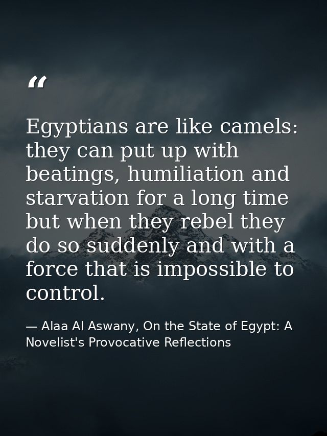 Egyptians are like camels: they can put up with beatings, humiliation and starvation for a long time but when they rebel — Alaa Al Aswany, On the State of Egypt: A Novelist's Provocative Reflections