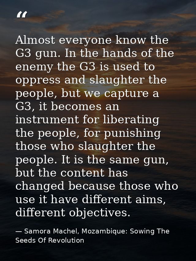 Almost everyone know the G3 gun. In the hands of the enemy the G3 is used to oppress and slaughter the people, but we ca — Samora Machel, Mozambique: Sowing The Seeds Of Revolution