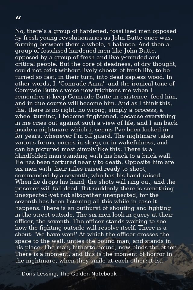 No, there's a group of hardened, fossilised men opposed by fresh young revolutionaries as John Butte once was, forming b — Doris Lessing, The Golden Notebook