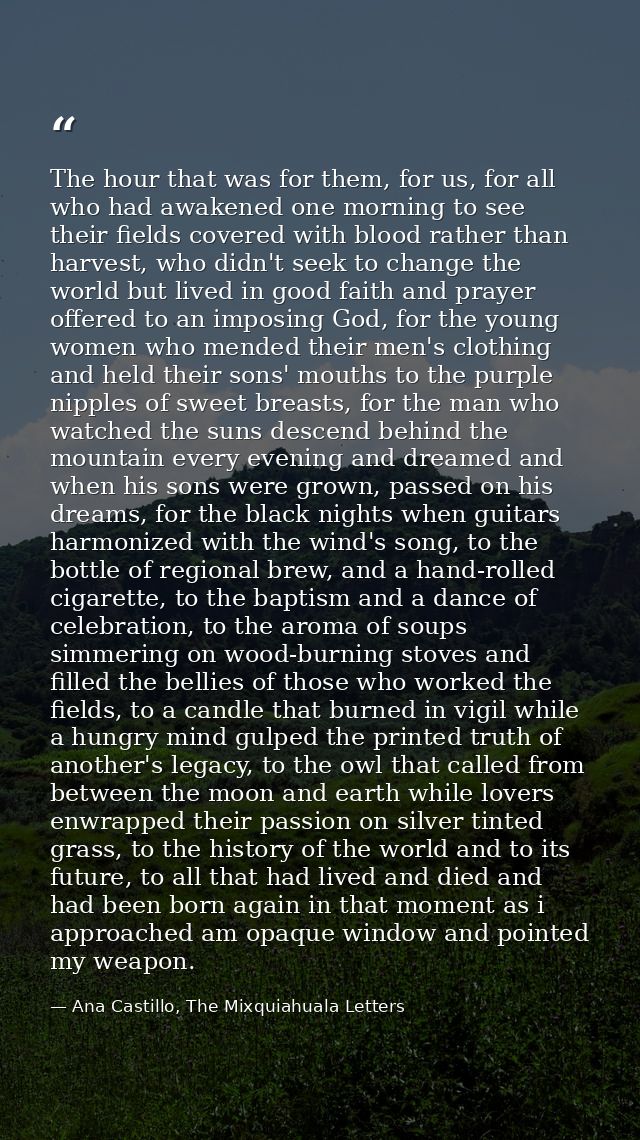 The hour that was for them, for us, for all who had awakened one morning to see their fields covered with blood rather t — Ana Castillo, The Mixquiahuala Letters