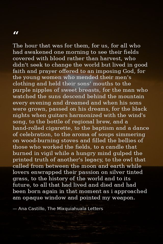 The hour that was for them, for us, for all who had awakened one morning to see their fields covered with blood rather t — Ana Castillo, The Mixquiahuala Letters