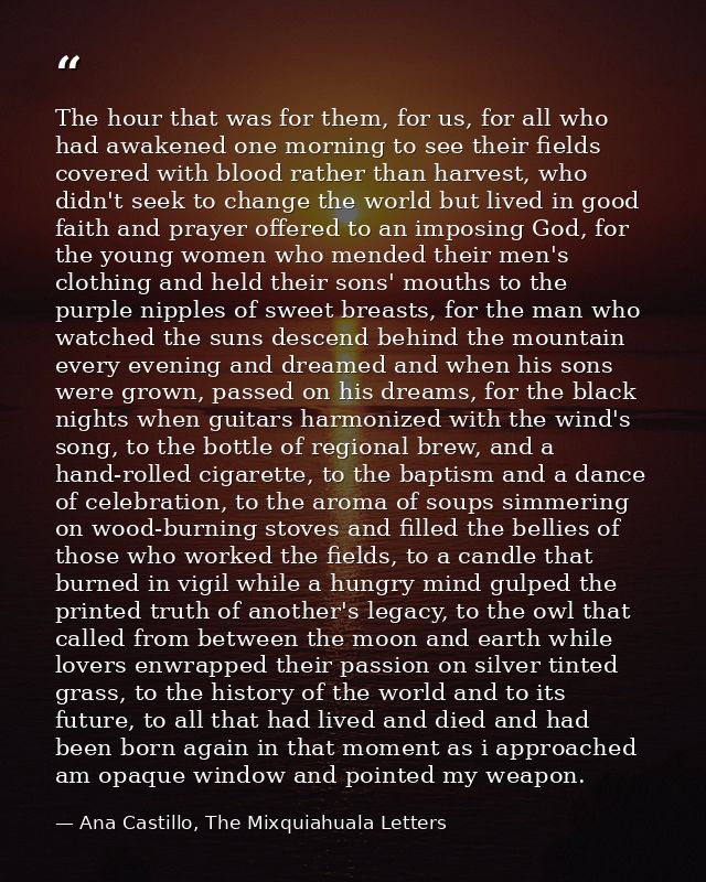 The hour that was for them, for us, for all who had awakened one morning to see their fields covered with blood rather t — Ana Castillo, The Mixquiahuala Letters
