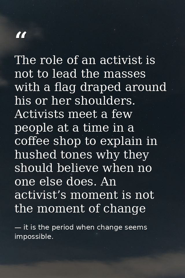 The role of an activist is not to lead the masses with a flag draped around his or her shoulders. Activists meet a few p — it is the period when change seems impossible.