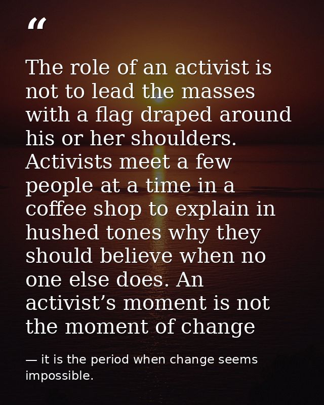 The role of an activist is not to lead the masses with a flag draped around his or her shoulders. Activists meet a few p — it is the period when change seems impossible.