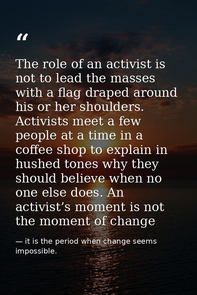 The role of an activist is not to lead the masses with a flag draped around his or her shoulders. Activists meet a few p — it is the period when change seems impossible.