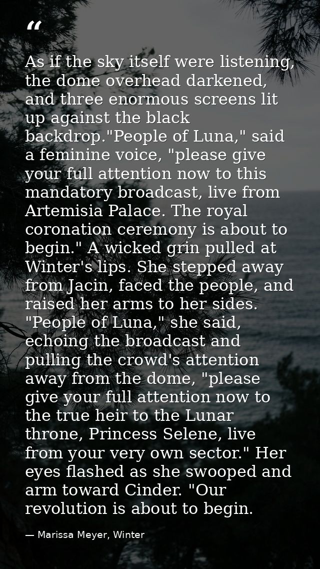 As if the sky itself were listening, the dome overhead darkened, and three enormous screens lit up against the black bac — Marissa Meyer, Winter