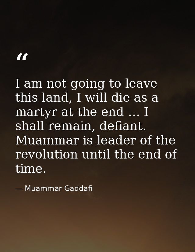 I am not going to leave this land, I will die as a martyr at the end … I shall remain, defiant. Muammar is leader of the — Muammar Gaddafi