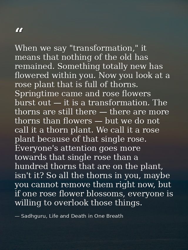 When we say "transformation," it means that nothing of the old has remained. Something totally new has flowered within y — Sadhguru, Life and Death in One Breath