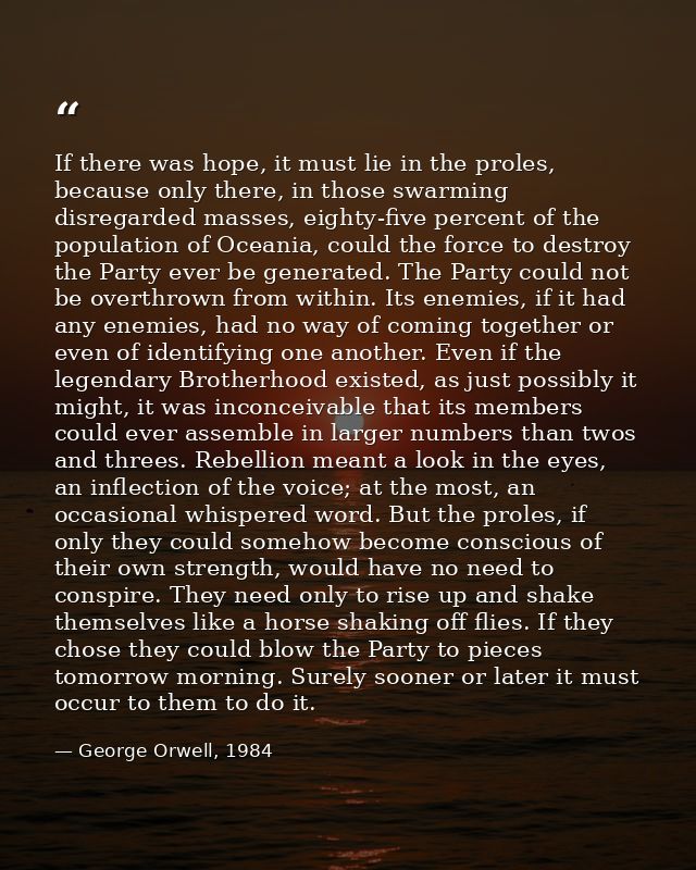 If there was hope, it must lie in the proles, because only there, in those swarming disregarded masses, eighty-five perc — George Orwell, 1984