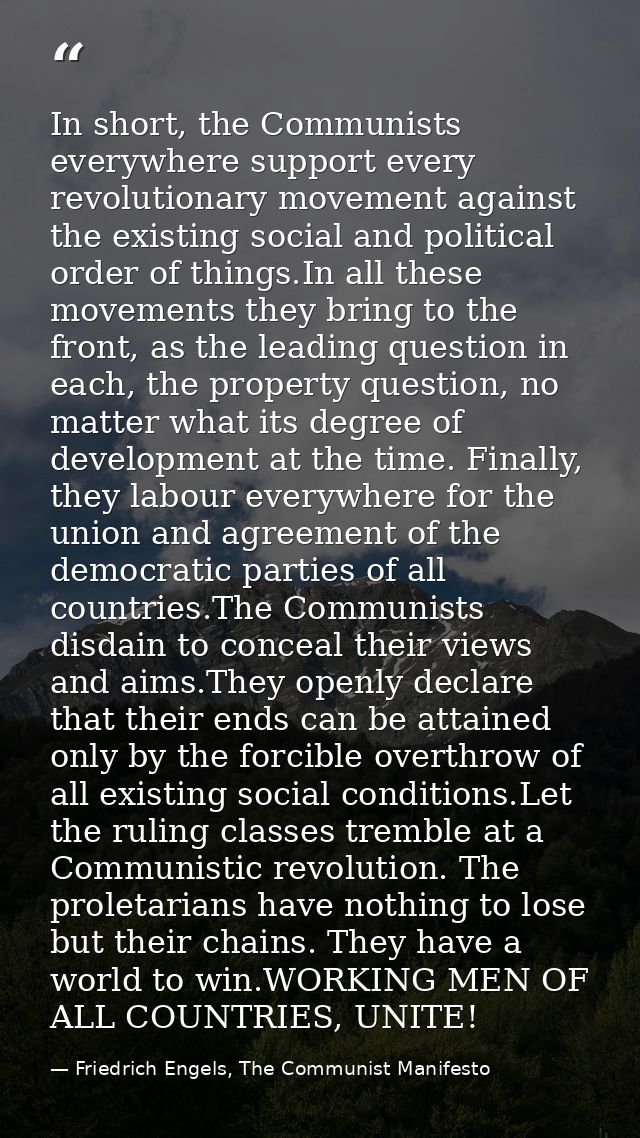 In short, the Communists everywhere support every revolutionary movement against the existing social and political order — Friedrich Engels, The Communist Manifesto