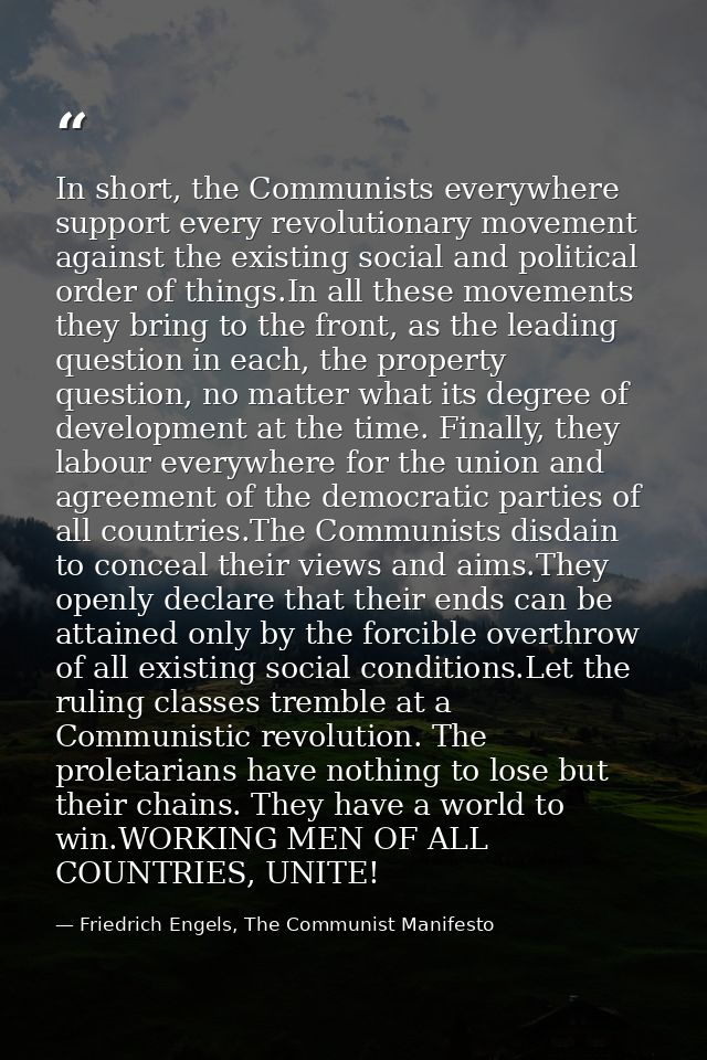 In short, the Communists everywhere support every revolutionary movement against the existing social and political order — Friedrich Engels, The Communist Manifesto