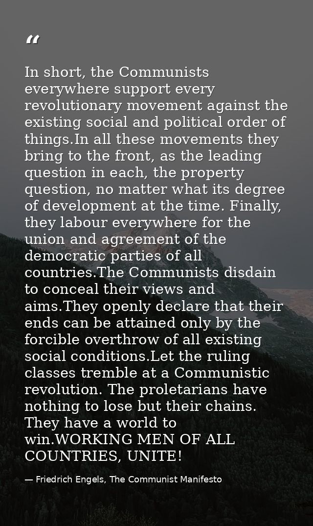 In short, the Communists everywhere support every revolutionary movement against the existing social and political order — Friedrich Engels, The Communist Manifesto