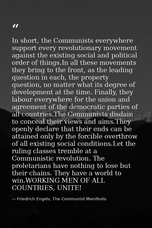 In short, the Communists everywhere support every revolutionary movement against the existing social and political order — Friedrich Engels, The Communist Manifesto