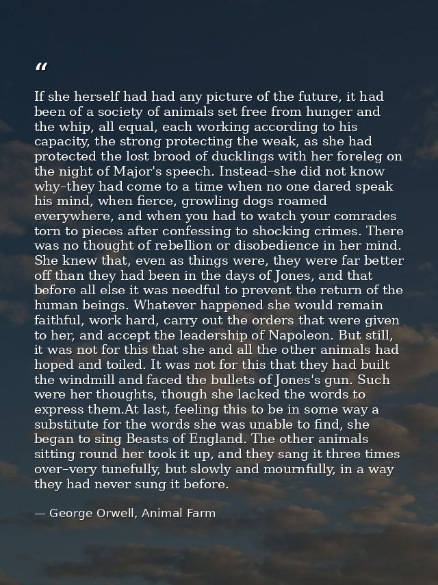 If she herself had had any picture of the future, it had been of a society of animals set free from hunger and the whip, — George Orwell, Animal Farm
