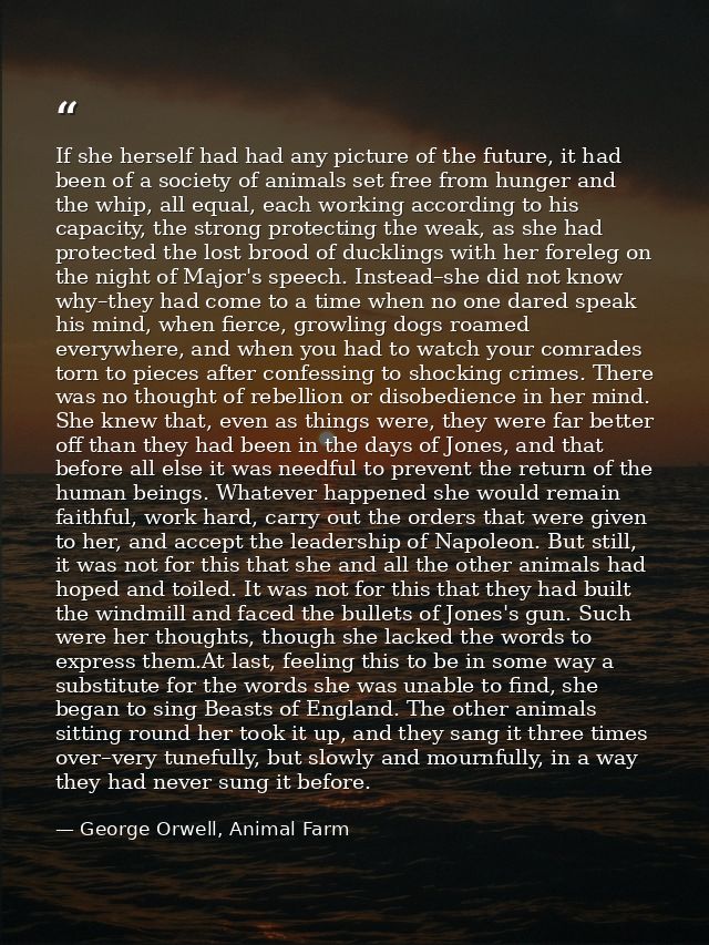 If she herself had had any picture of the future, it had been of a society of animals set free from hunger and the whip, — George Orwell, Animal Farm