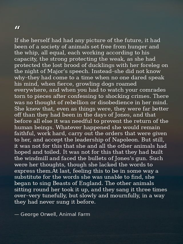 If she herself had had any picture of the future, it had been of a society of animals set free from hunger and the whip, — George Orwell, Animal Farm