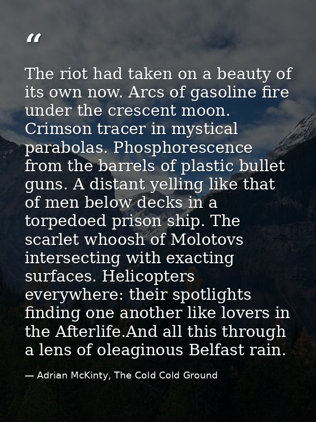 The riot had taken on a beauty of its own now. Arcs of gasoline fire under the crescent moon. Crimson tracer in mystical — Adrian McKinty, The Cold Cold Ground
