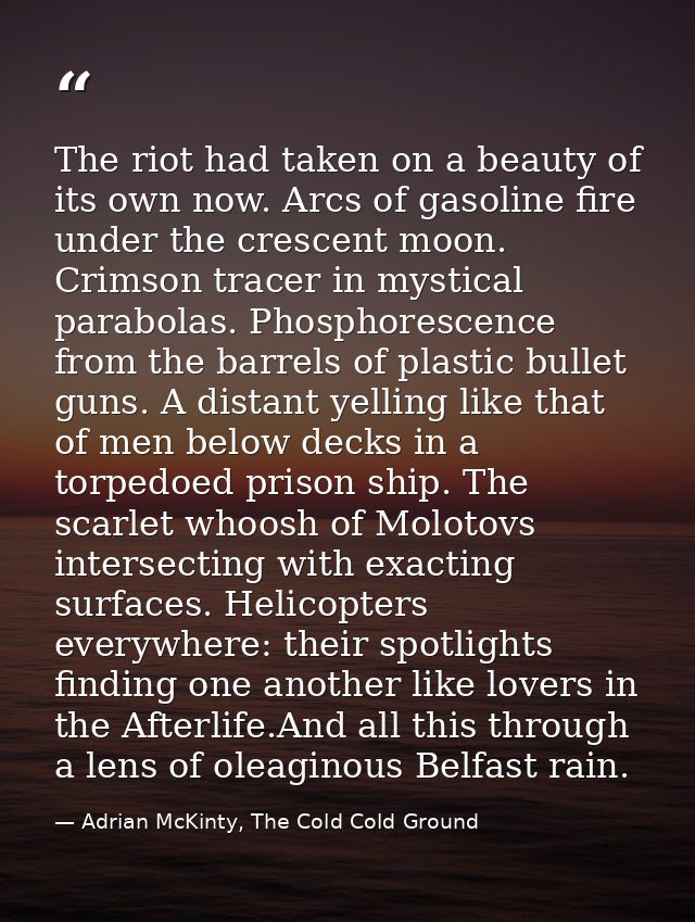 The riot had taken on a beauty of its own now. Arcs of gasoline fire under the crescent moon. Crimson tracer in mystical — Adrian McKinty, The Cold Cold Ground