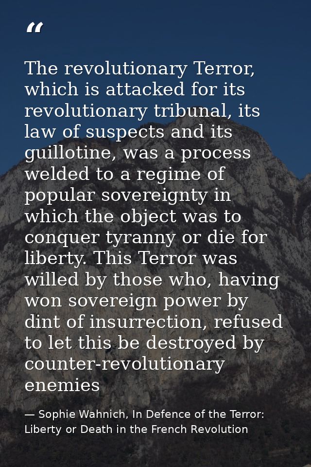 The revolutionary Terror, which is attacked for its revolutionary tribunal, its law of suspects and its guillotine, was  — Sophie Wahnich, In Defence of the Terror: Liberty or Death in the French Revolution