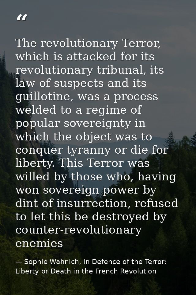 The revolutionary Terror, which is attacked for its revolutionary tribunal, its law of suspects and its guillotine, was  — Sophie Wahnich, In Defence of the Terror: Liberty or Death in the French Revolution