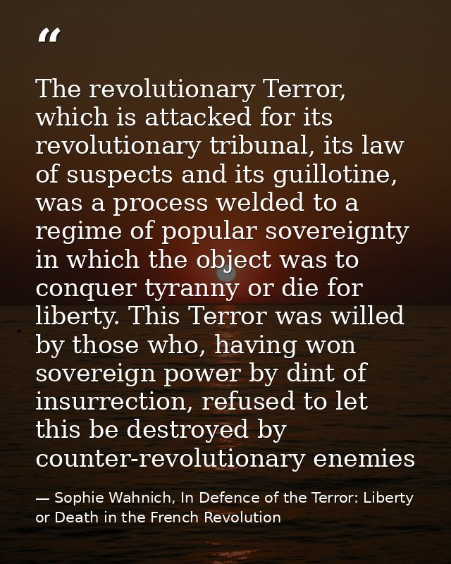 The revolutionary Terror, which is attacked for its revolutionary tribunal, its law of suspects and its guillotine, was  — Sophie Wahnich, In Defence of the Terror: Liberty or Death in the French Revolution