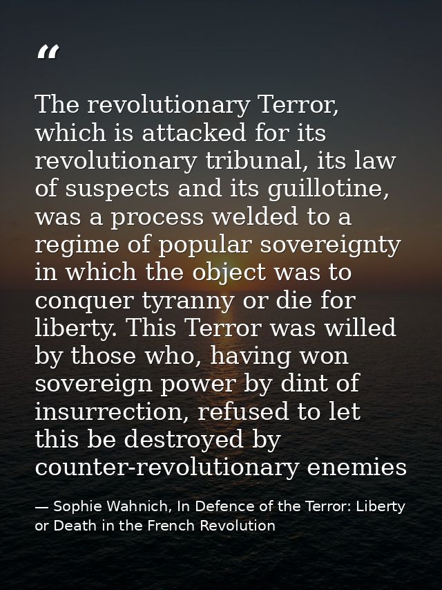 The revolutionary Terror, which is attacked for its revolutionary tribunal, its law of suspects and its guillotine, was  — Sophie Wahnich, In Defence of the Terror: Liberty or Death in the French Revolution