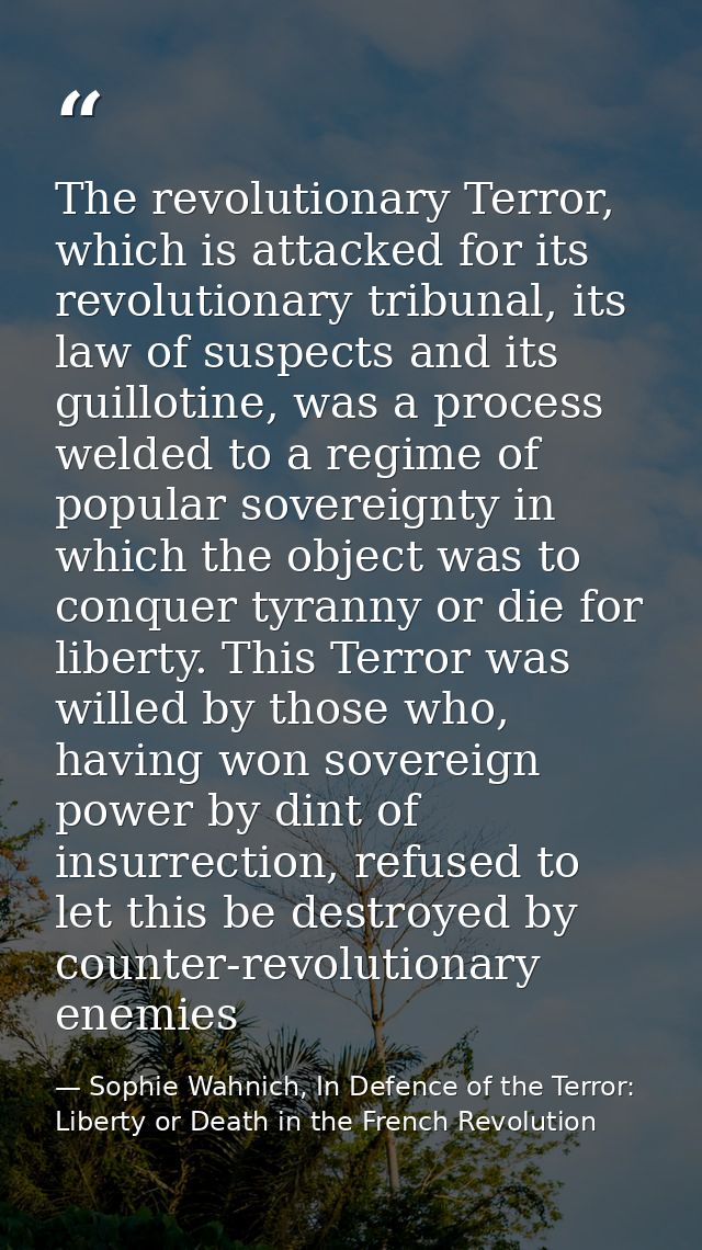 The revolutionary Terror, which is attacked for its revolutionary tribunal, its law of suspects and its guillotine, was  — Sophie Wahnich, In Defence of the Terror: Liberty or Death in the French Revolution