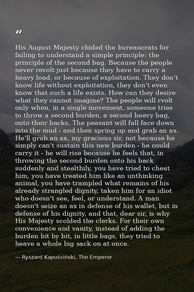 His August Majesty chided the bureaucrats for failing to understand a simple principle: the principle of the second bag. — Ryszard Kapuściński, The Emperor