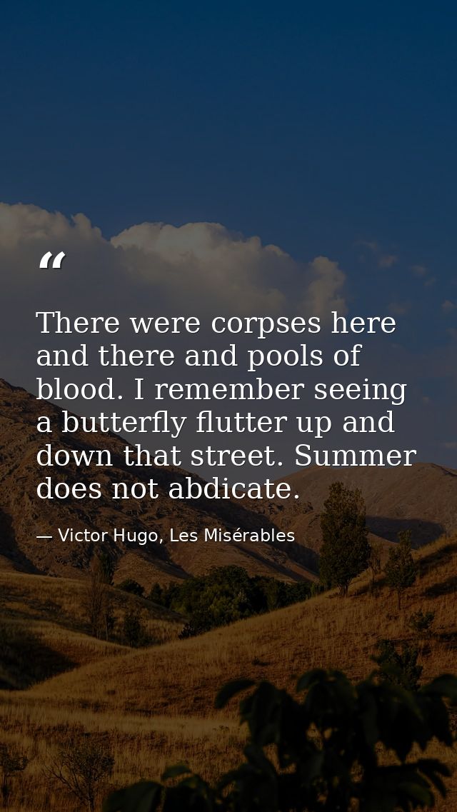 There were corpses here and there and pools of blood. I remember seeing a butterfly flutter up and down that street. Sum — Victor Hugo, Les Misérables