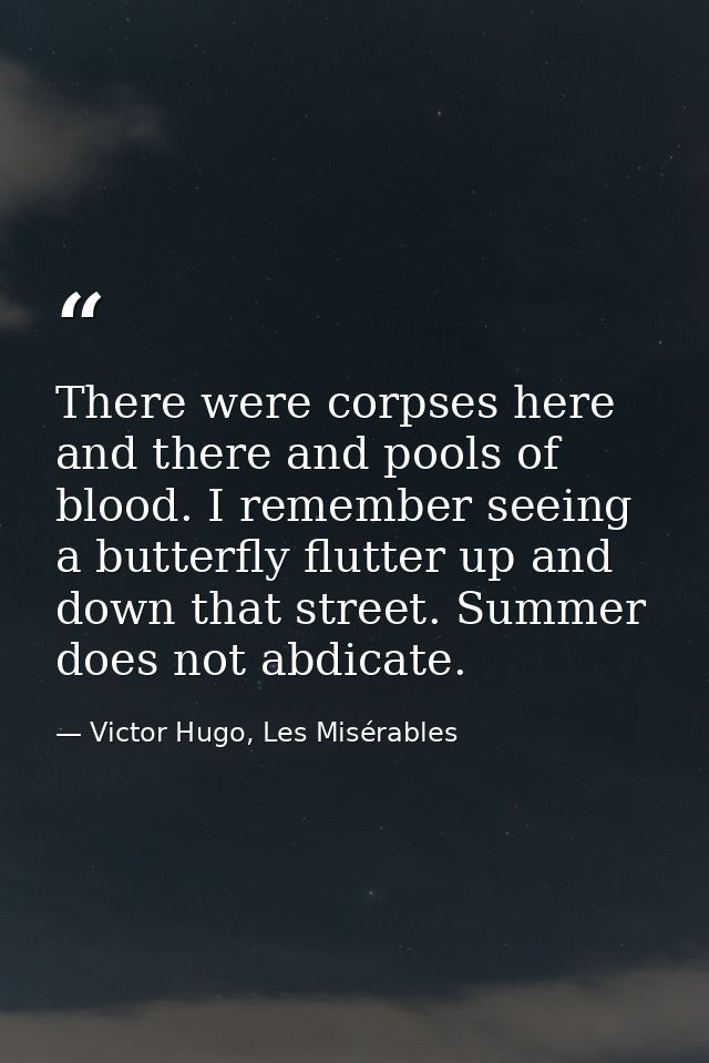 There were corpses here and there and pools of blood. I remember seeing a butterfly flutter up and down that street. Sum — Victor Hugo, Les Misérables